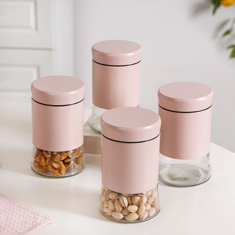 Winnie Set Of 4 Metal And Glass Container Jars 800ml