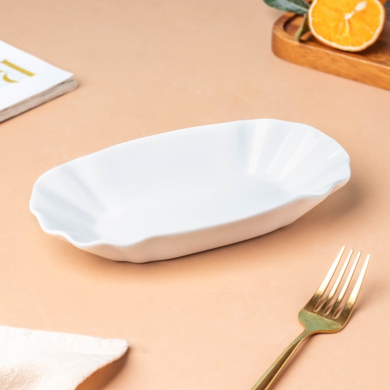 Ceramic Scalloped Long Snack Plate Classic White 8 Inch