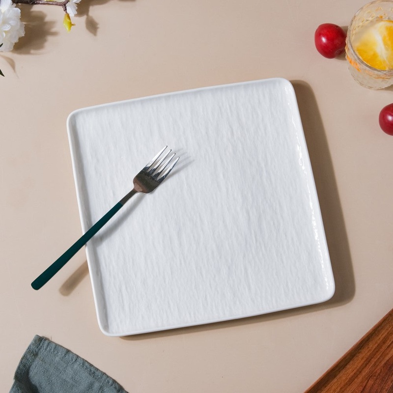 Frore Textured Square Ceramic Dinner Plate White 9.5 Inch