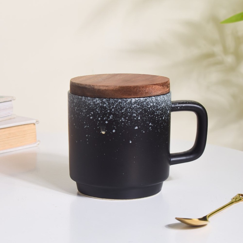 Galaxy Stone Pottery Mug With Lid Black 250 ml