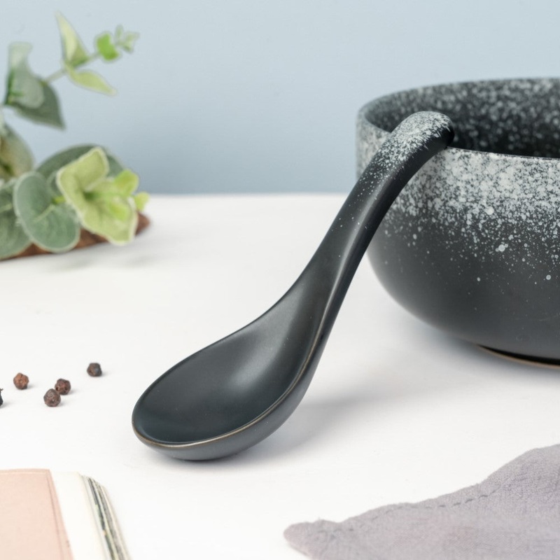 Galaxy Stone Pottery Spoon For Soup Matte Black