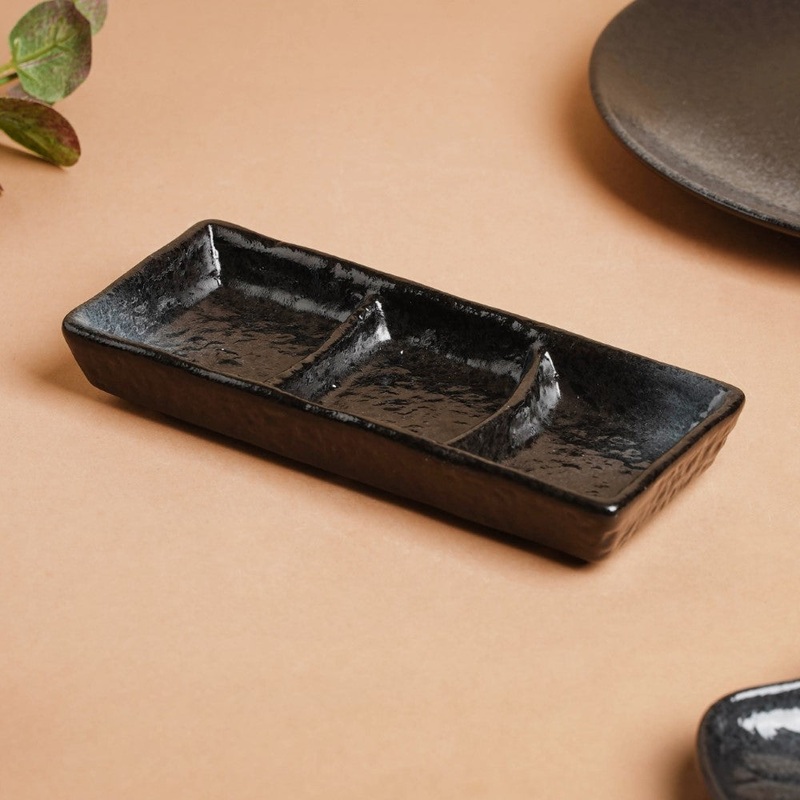 Onyx Finish Stoneware 3 Section Dip Plate