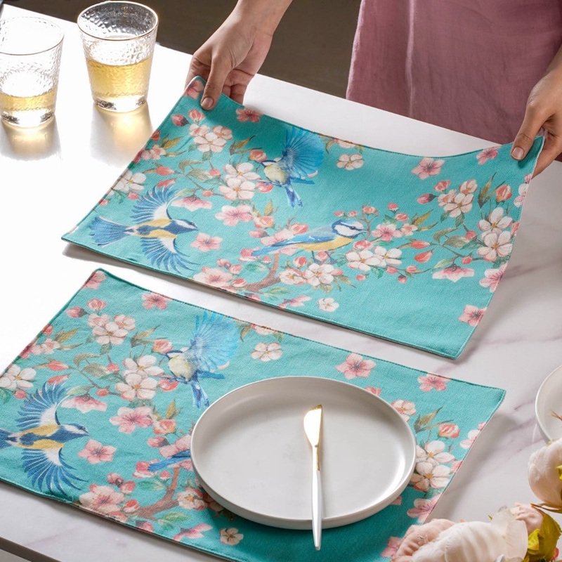 Birds Blossoms Cotton Printed Table Mat Blue Set Of 2
