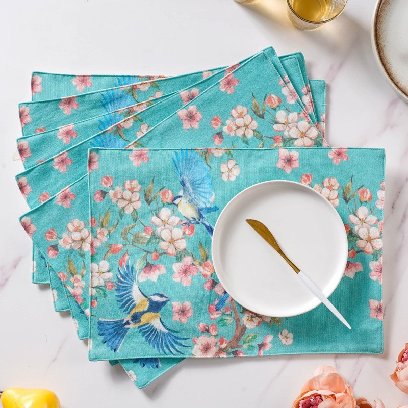 Birds Blossoms Cotton Printed Table Mat Blue Set Of 6