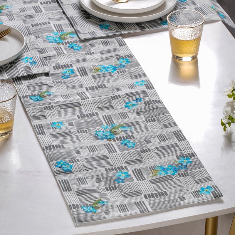Bluebell Dining Cotton Printed Table Runner Grey For 6 Seater