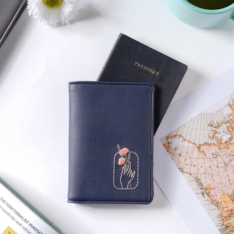 Floral Art Embroidered Passport Cover Navy Blue