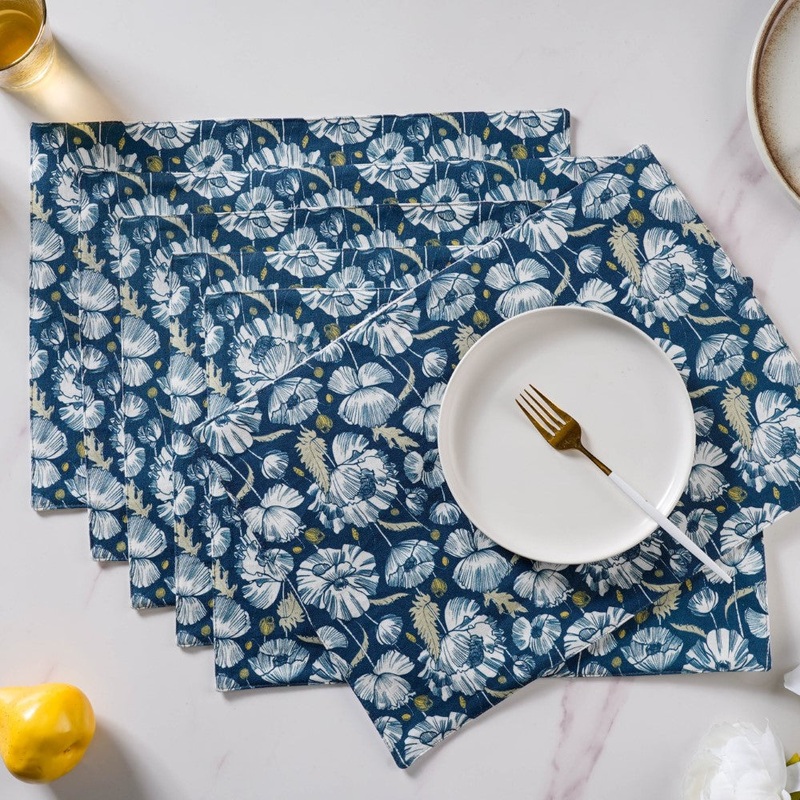Floral Dining Cotton Printed Table Mat Royal Blue Set Of 6