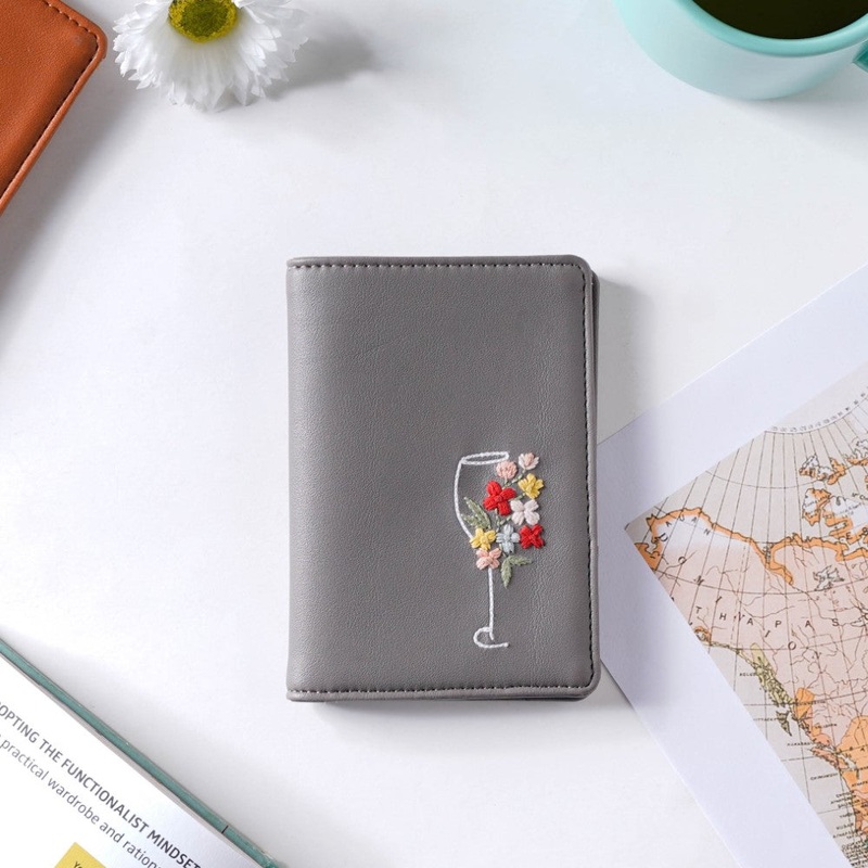 Floral Line Art Embroidered Passport Cover Grey