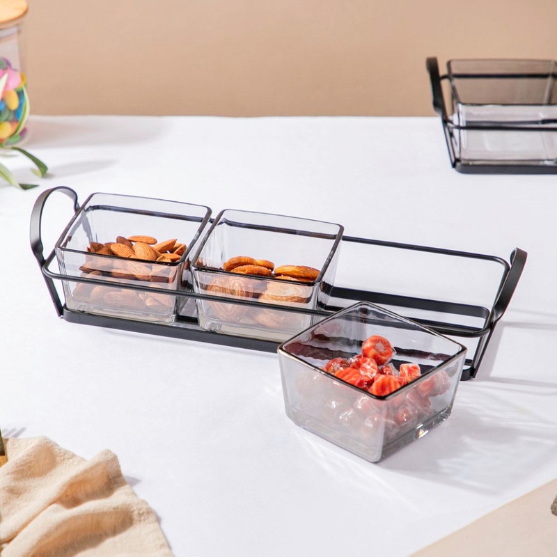 Glass Square Bowl With Tray Set Of 4 200ml