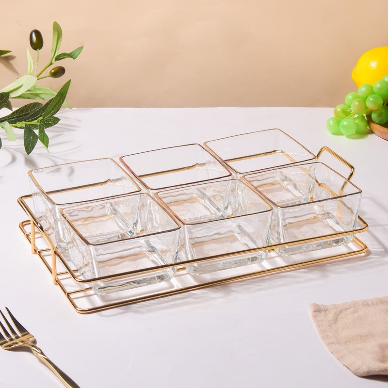 Gold Detailed Glass Bowls And Tray Set Of 7 200ml