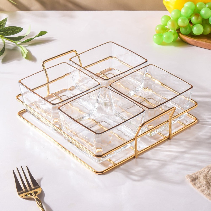 Gold Rim Crystal Bowls Tray Set Of 5 200ml