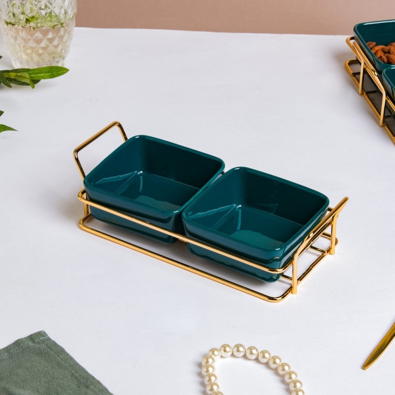 Green Glossy Ceramic Bowls And Tray Set Of 3 200ml