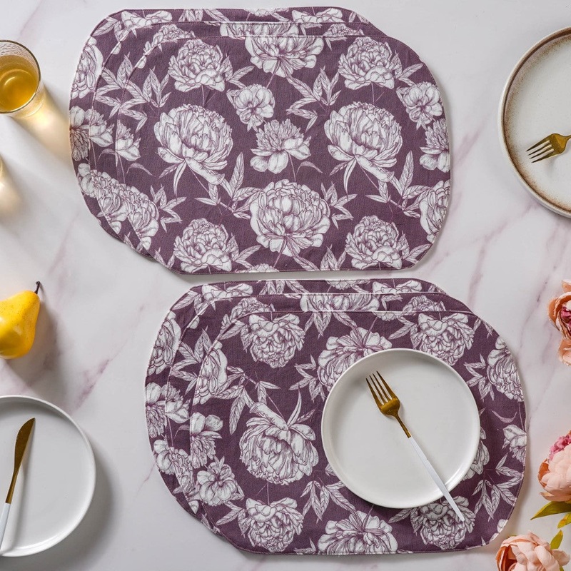 Peony Purple Printed Cotton Table Mat Set Of 6