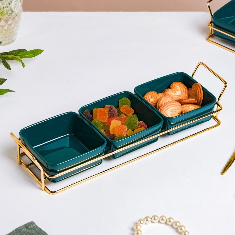 Pine Green Glossy Ceramic Bowls And Tray Set Of 4 200ml
