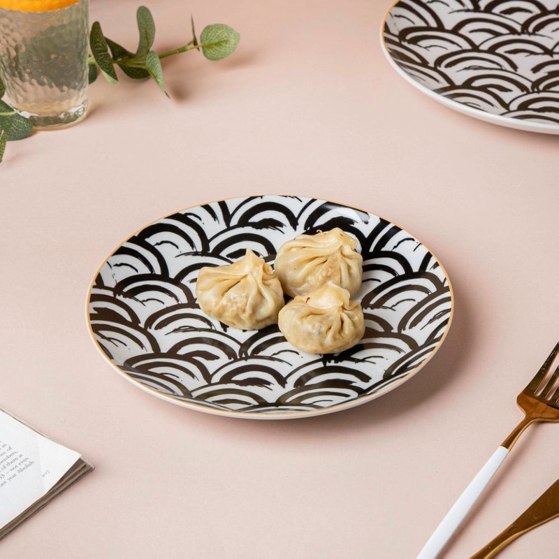 Scallop Artistic Snack Plate Black White 8 Inch