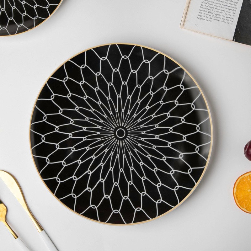 Trellis Gloss Ceramic Dinner Plate Black White Rim 10 Inch