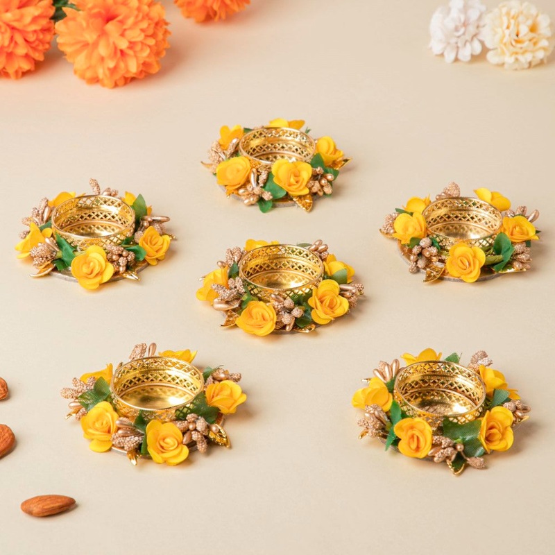 Yellow Rose Tea Light Holder Set Of 6