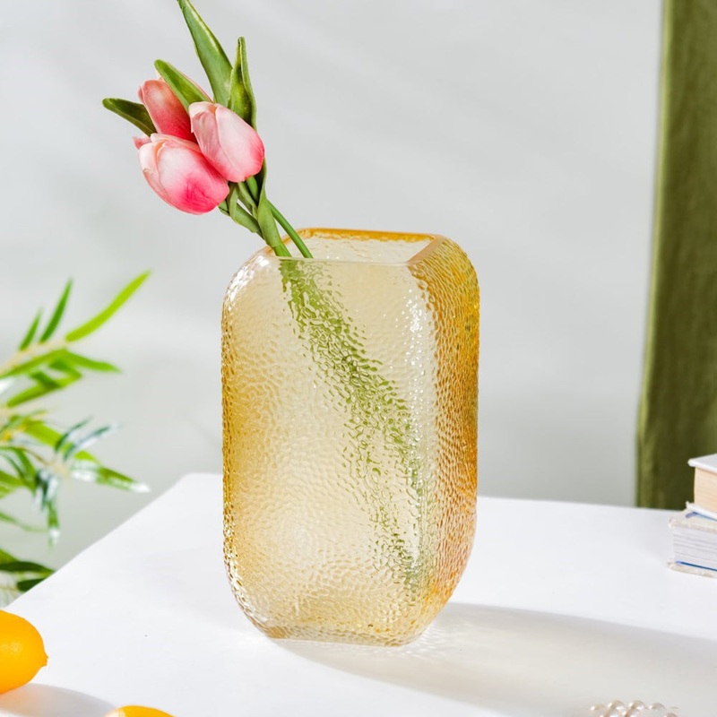 Art Deco Pebble Patterned Glass Vase Amber 7.5 Inch