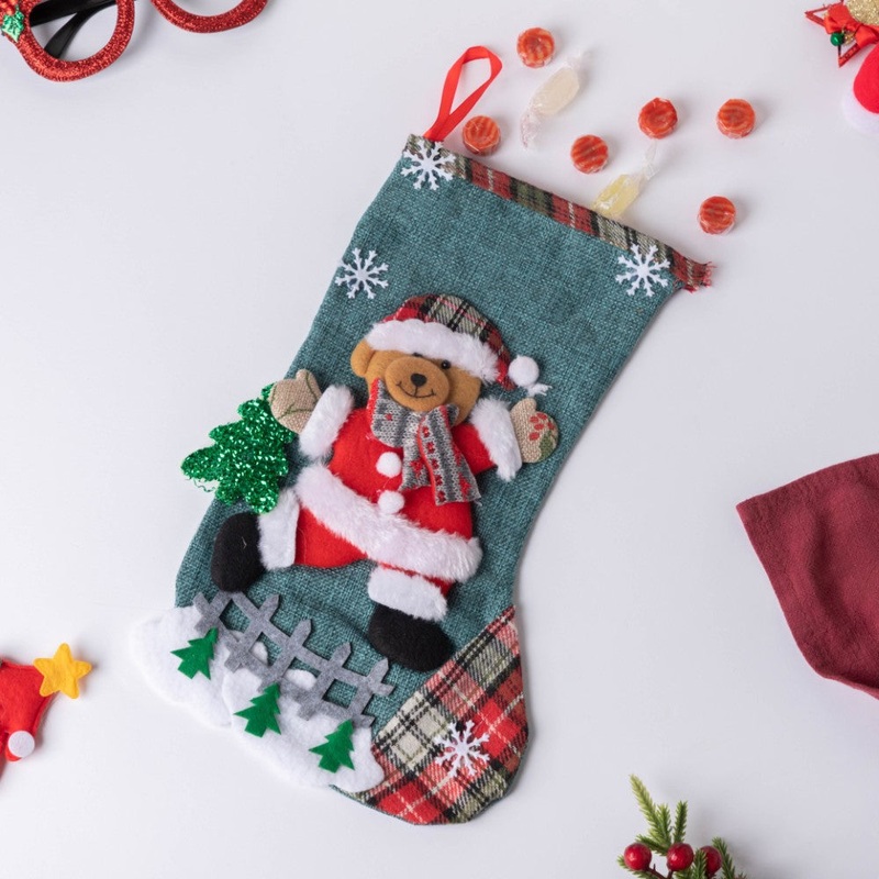 Checkered Bear Christmas Stocking 12 Inch
