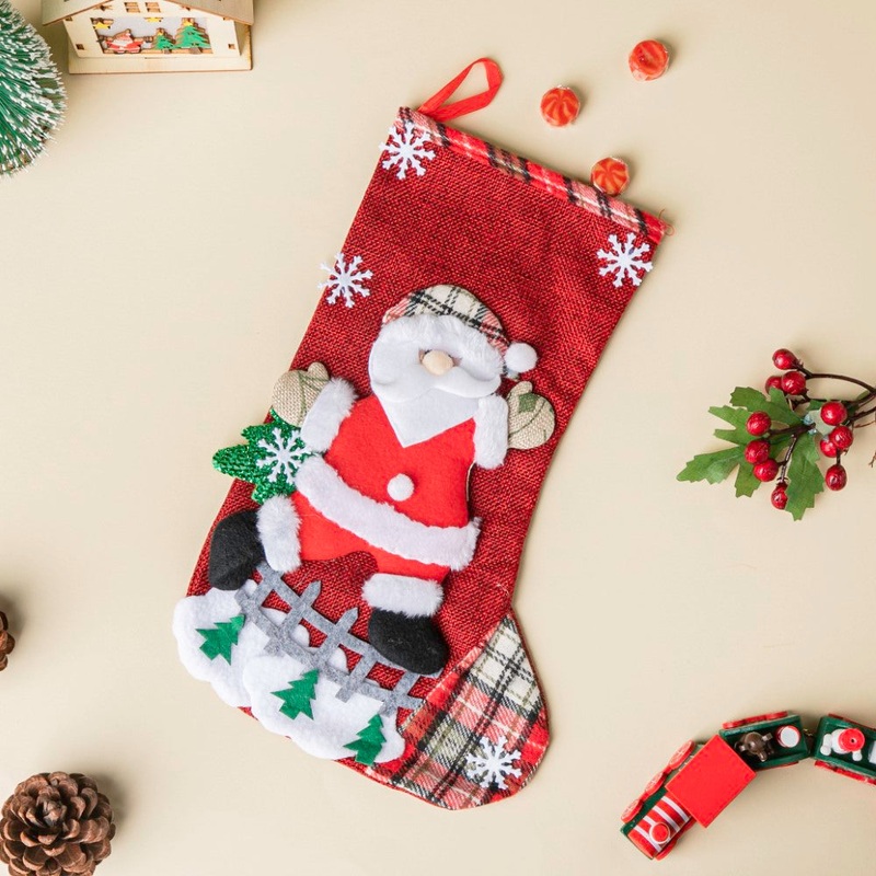Checkered Santa Claus Christmas Stocking Red 11.5 Inch