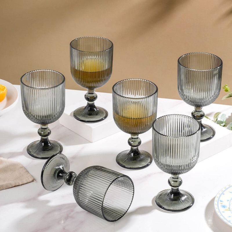 Ribbed Wine Glass Goblet Ash Grey Set Of 6 350ml