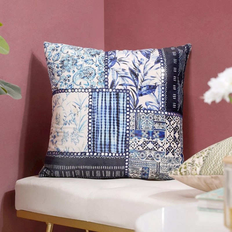 Valencia Patchwork Mirrorwork Cushion Cover Blue 16 x 16 Inch
