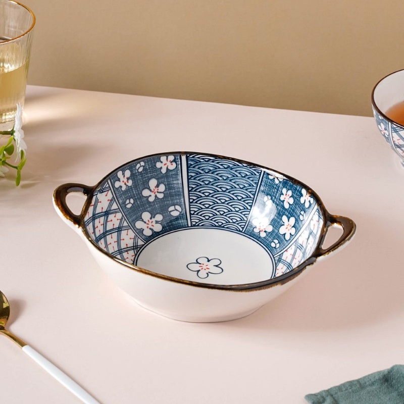 Asagao Patterned Serving Bowl With Handles 9 Inch 500 ml