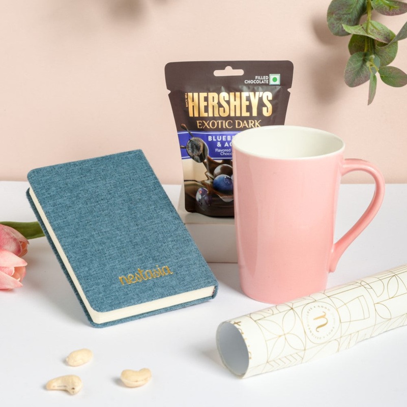 Blue Notebook and Pink Mug Gift Hamper Set Of 3