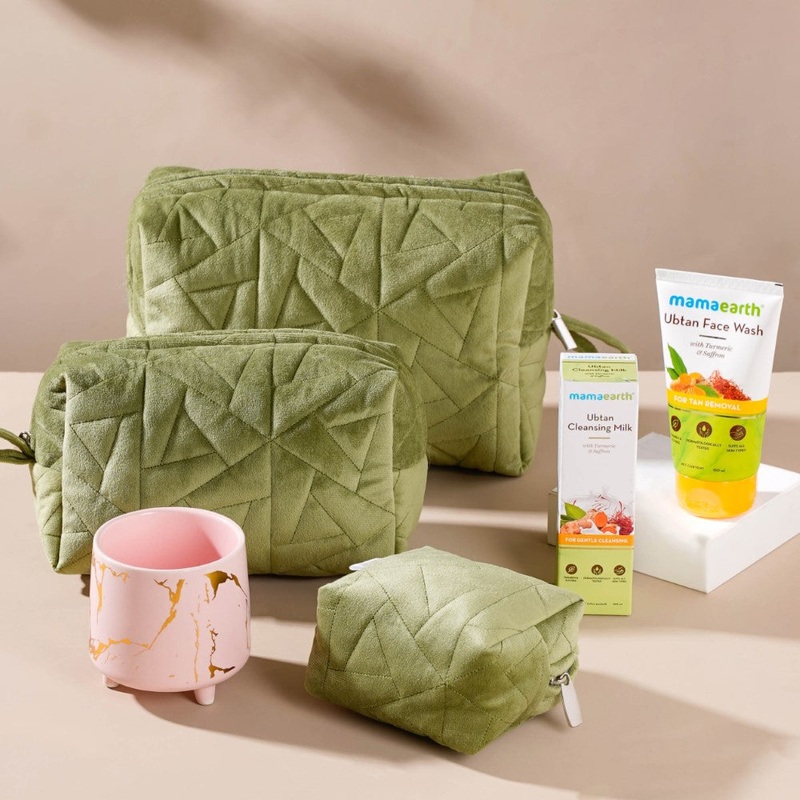 Green Cosmetic Bag And Organizer Gift Hamper Set Of 4