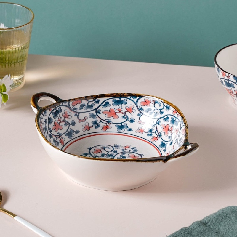 Hana Floral Ceramic Serving Bowl With Handles 9 Inch 500 ml