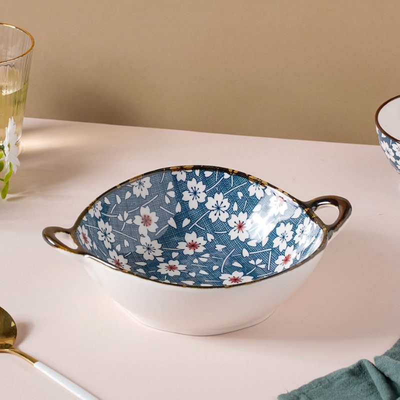 Nimono Ceramic Serving Bowl With Handles 9 Inch 500 ml