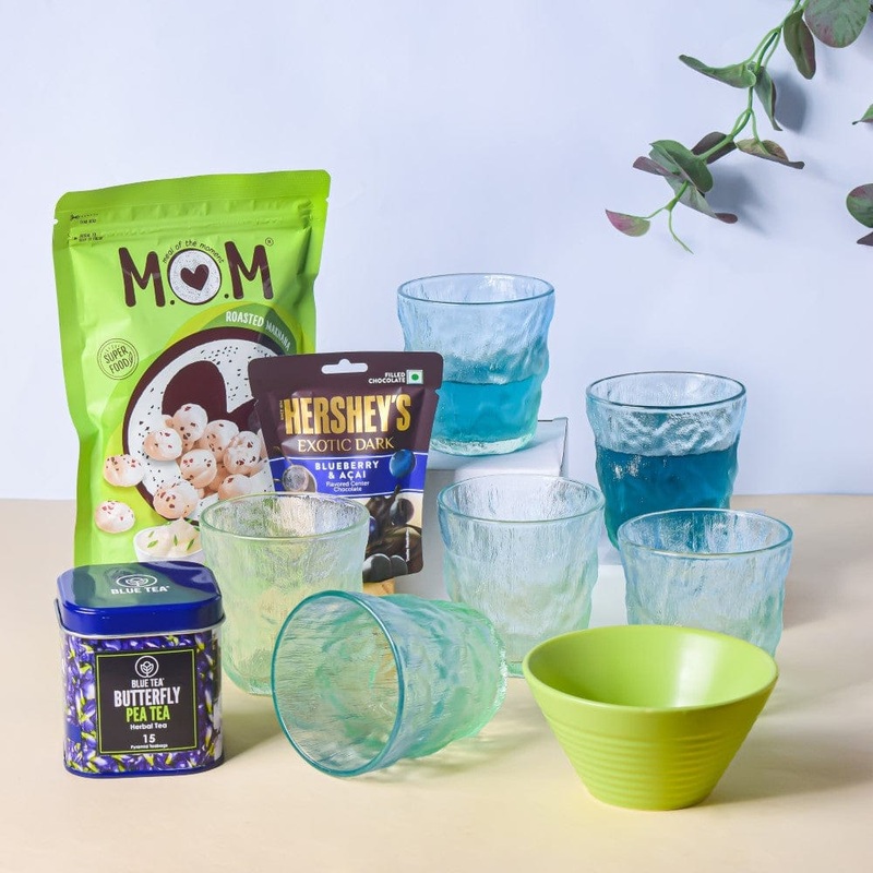 Ocean Blue Glass And Snack Bowl Festive Hamper Set Of 5