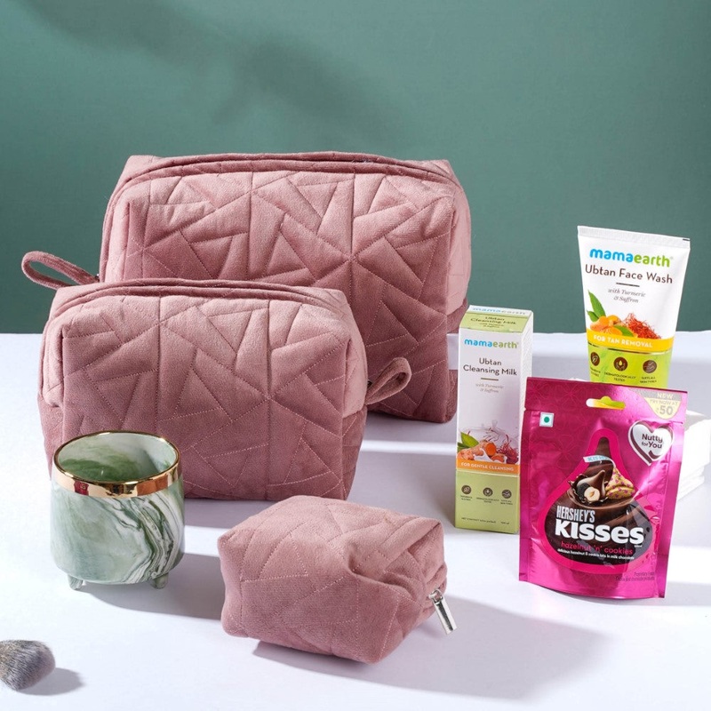 Pink Cosmetic Bag And Organizer Gift Hamper Set Of 5