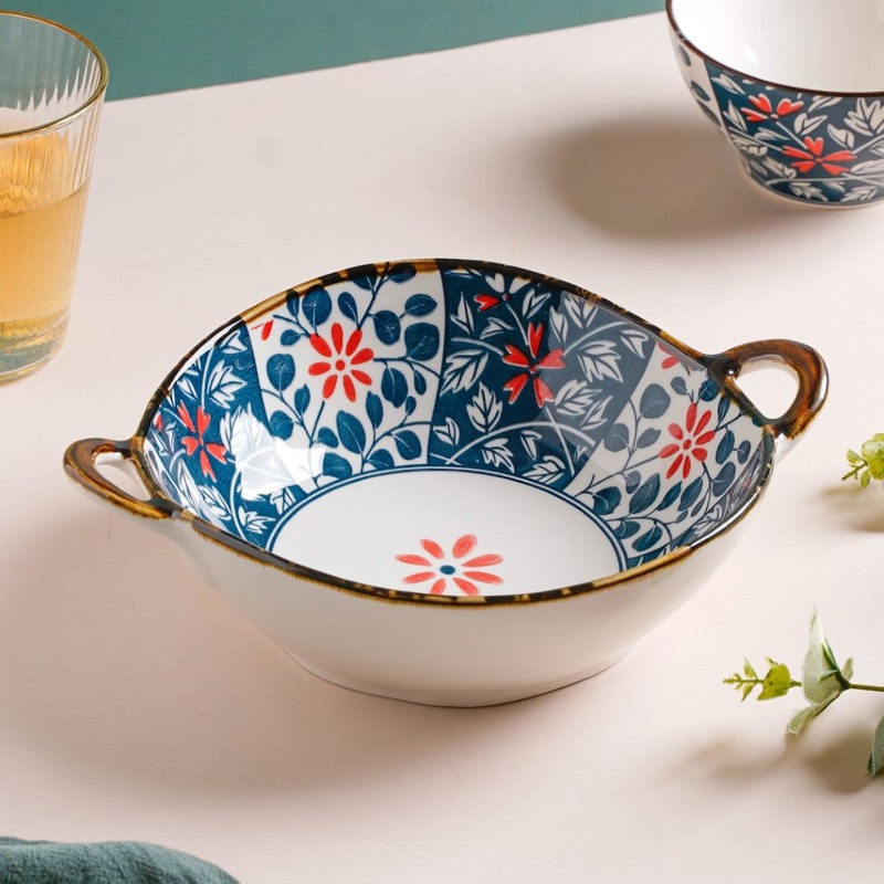 Yugana Floral Patterned Serving Bowl With Handles 9 Inch 500 ml