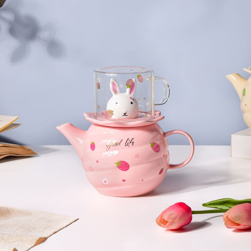 Bunny Tea Cup And Kettle Pink