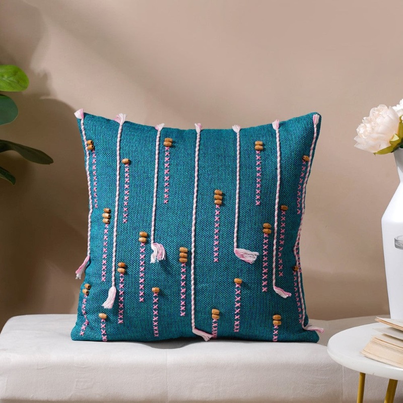 Jade Threadwork Beaded Jute Cushion Cover Green 16 x 16 Inch