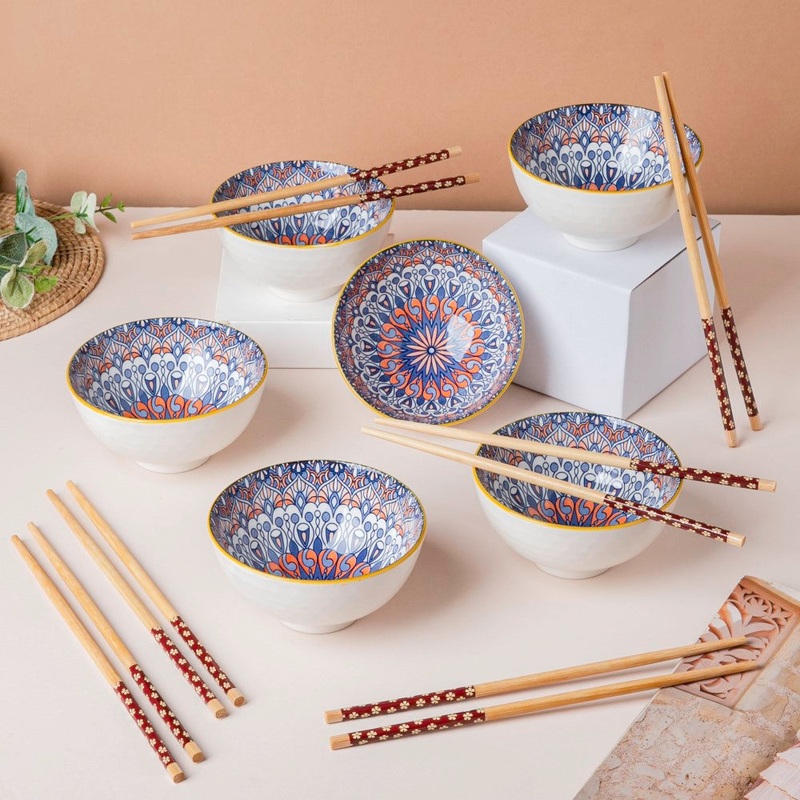 Mandala Snacking Bowl And Chopstick Oceanic Blue Set Of 6