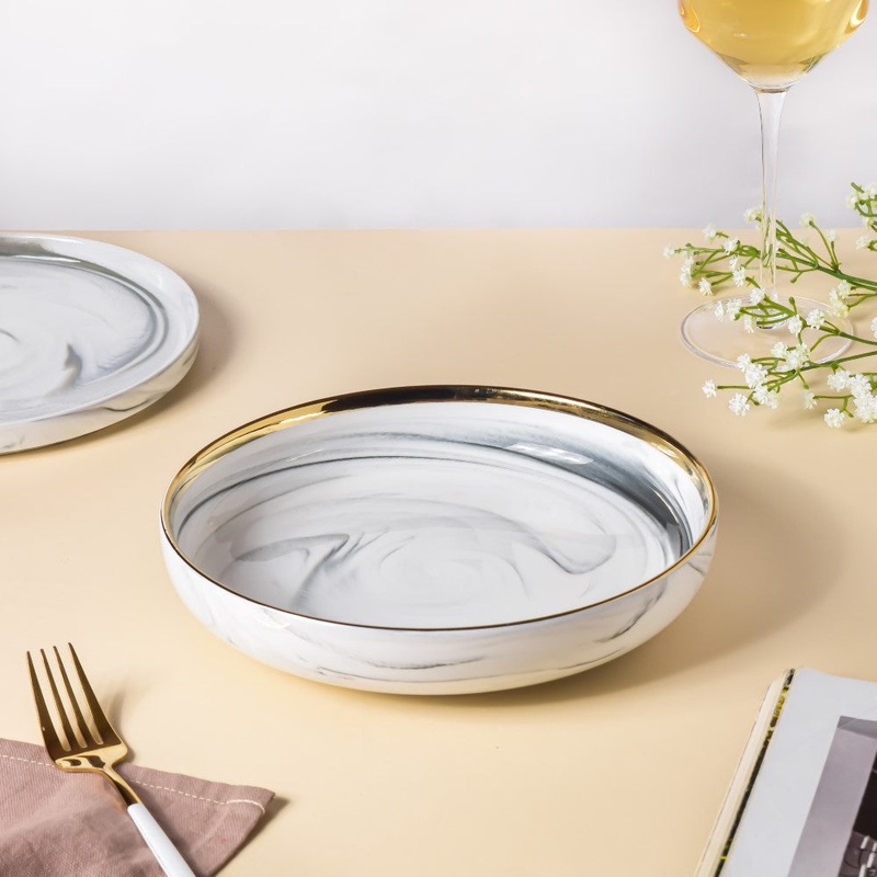 Marble Patterned Ceramic Deep Plate Grey 8 Inch