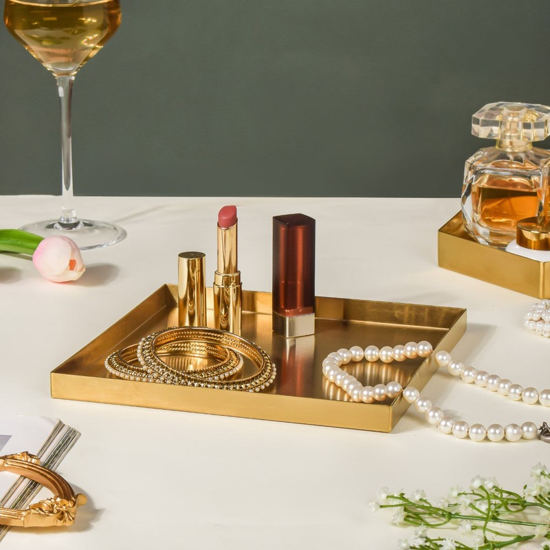 Metal Square Vanity Tray Golden 8 Inch