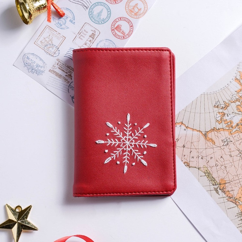 Snowflake Embroidered Passport Cover Red