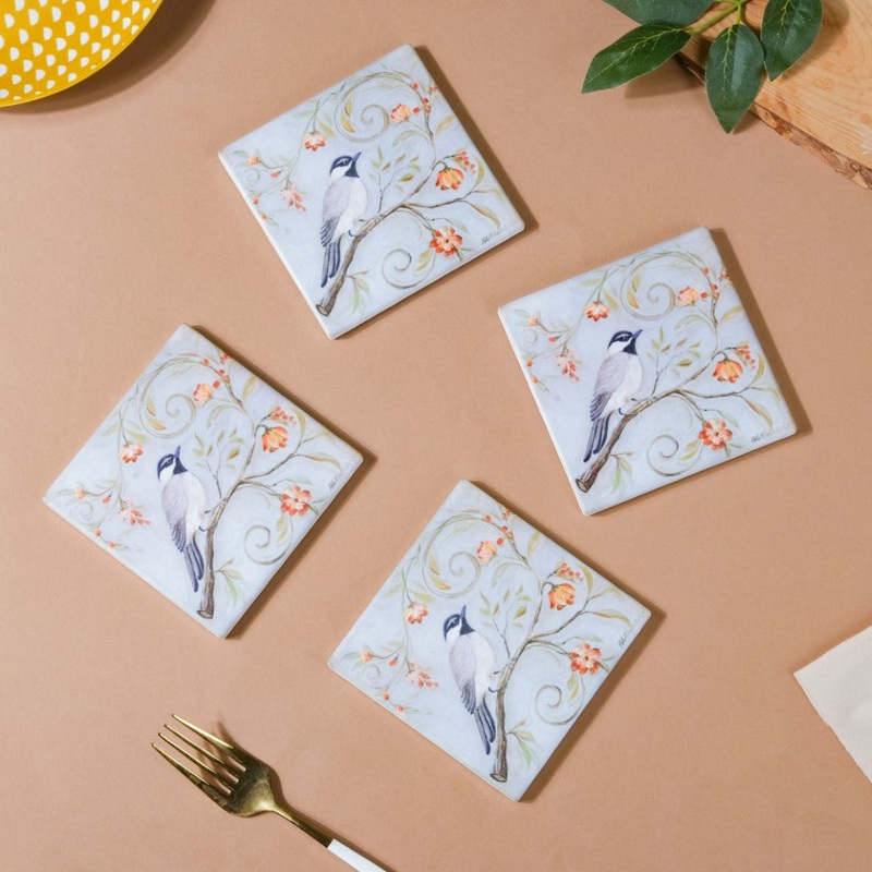 Song Bird Ceramic Coaster With Cork Set Of 4