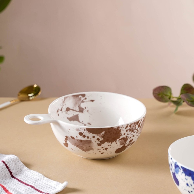 Splash Patterned Ceramic Bowl With Handle Brown