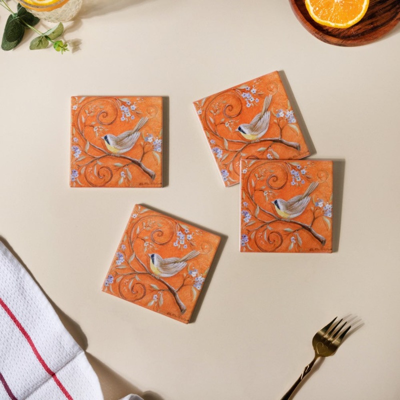 Tufted Bird Ceramic And Cork Coster Set Of 4