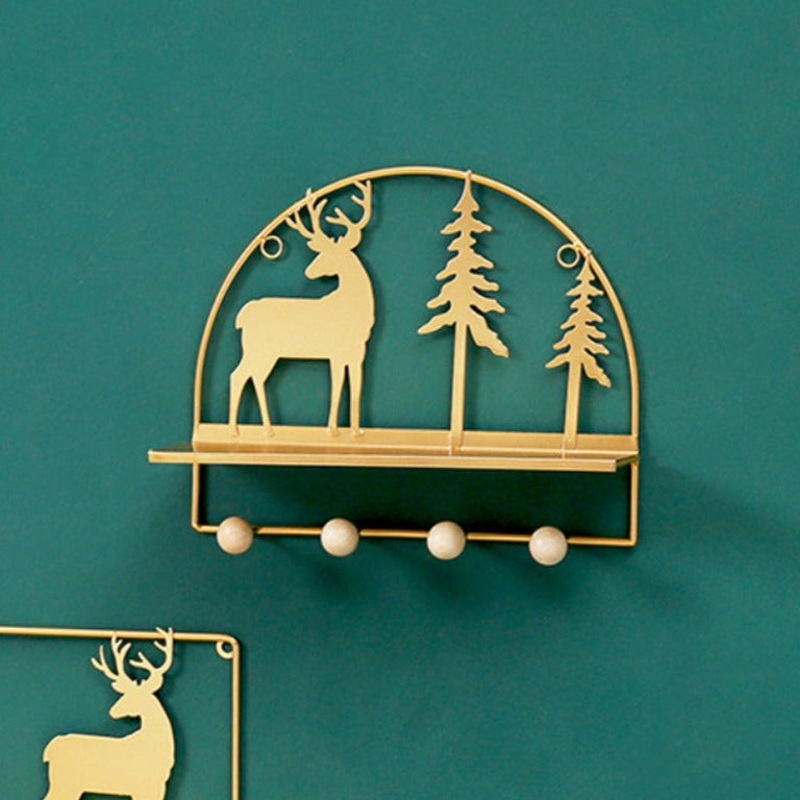 Wall Hanging Metal Shelf Forest Reindeer Gold