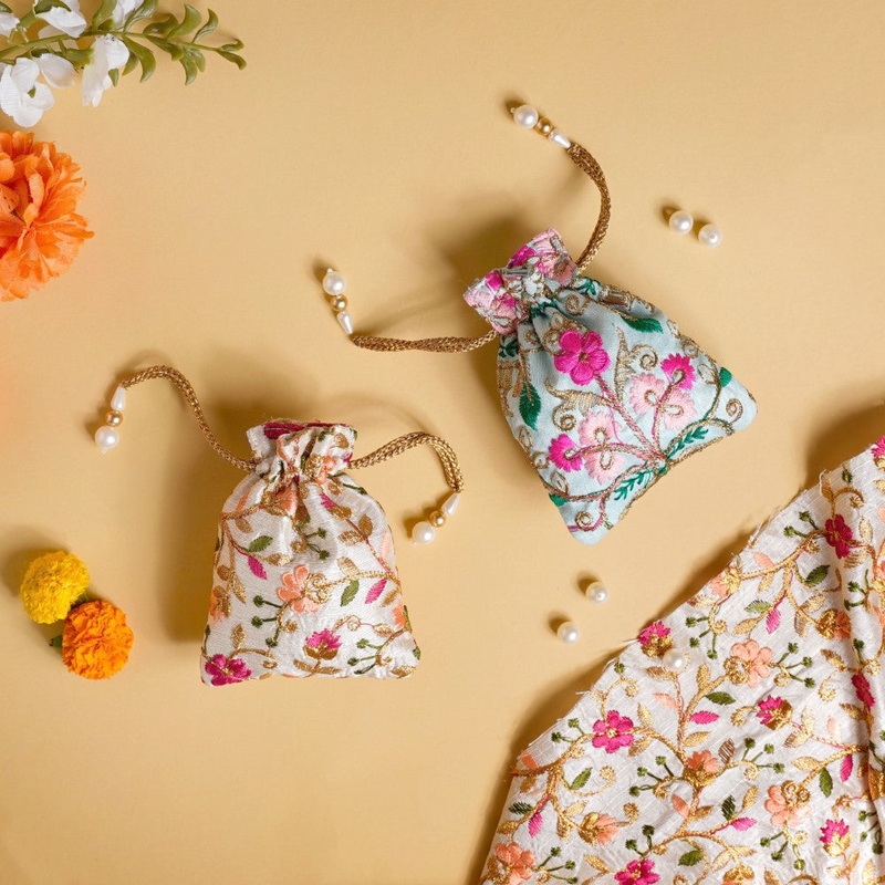 Aiyana Zari Floral Patterned Shagun Potli Bag Set Of 2