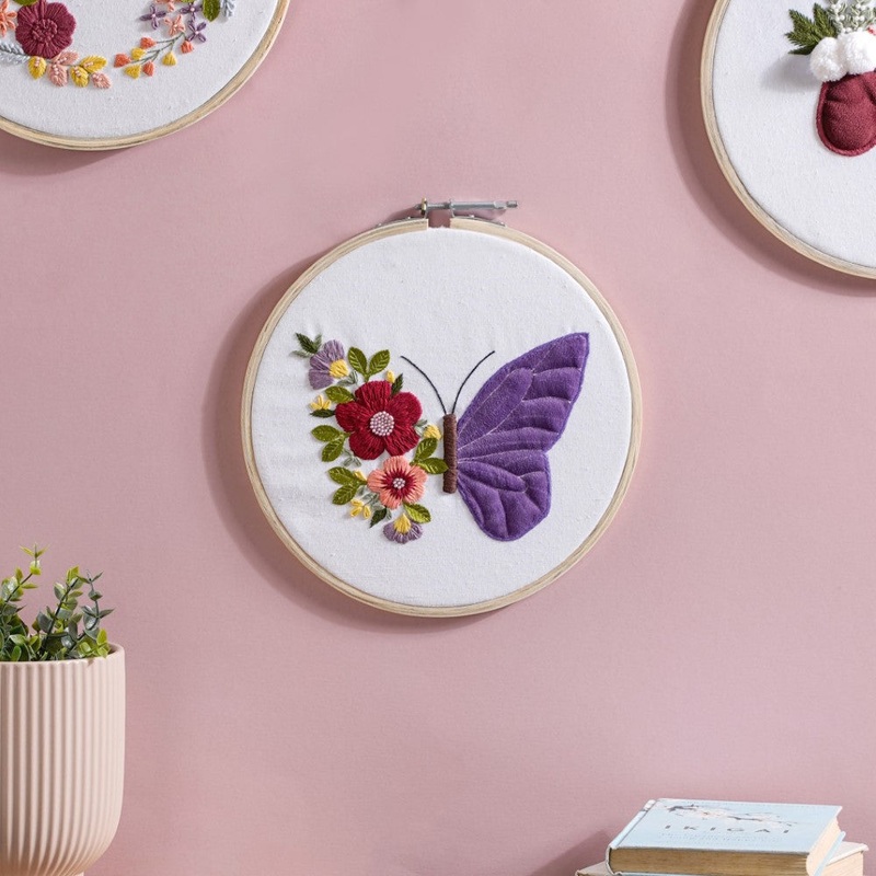 Butterfly Floral Hand Embroidered Hoop Wall Hanging 10 Inch