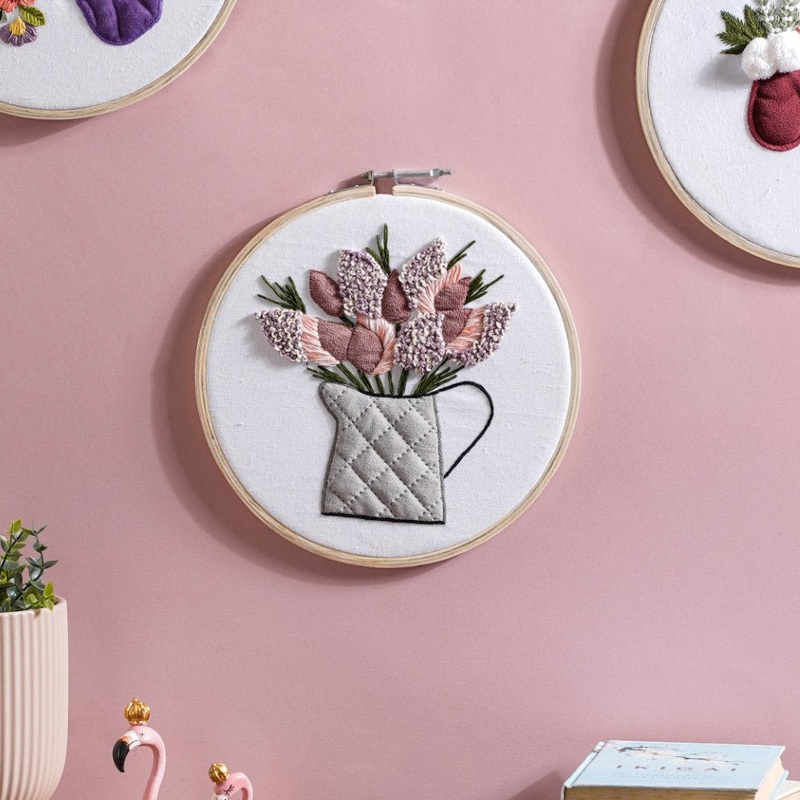 Flower Vase Hand Embroidered Hoop Wall Hanging 10 Inch