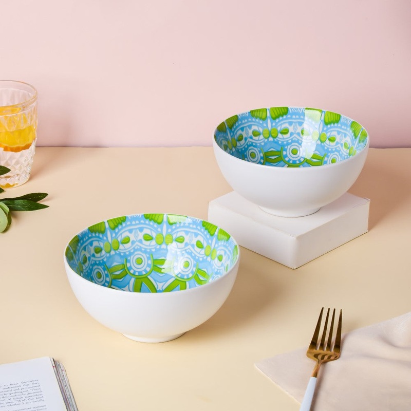 Mandala Ceramic Snack Bowl White 400ml Set Of 2
