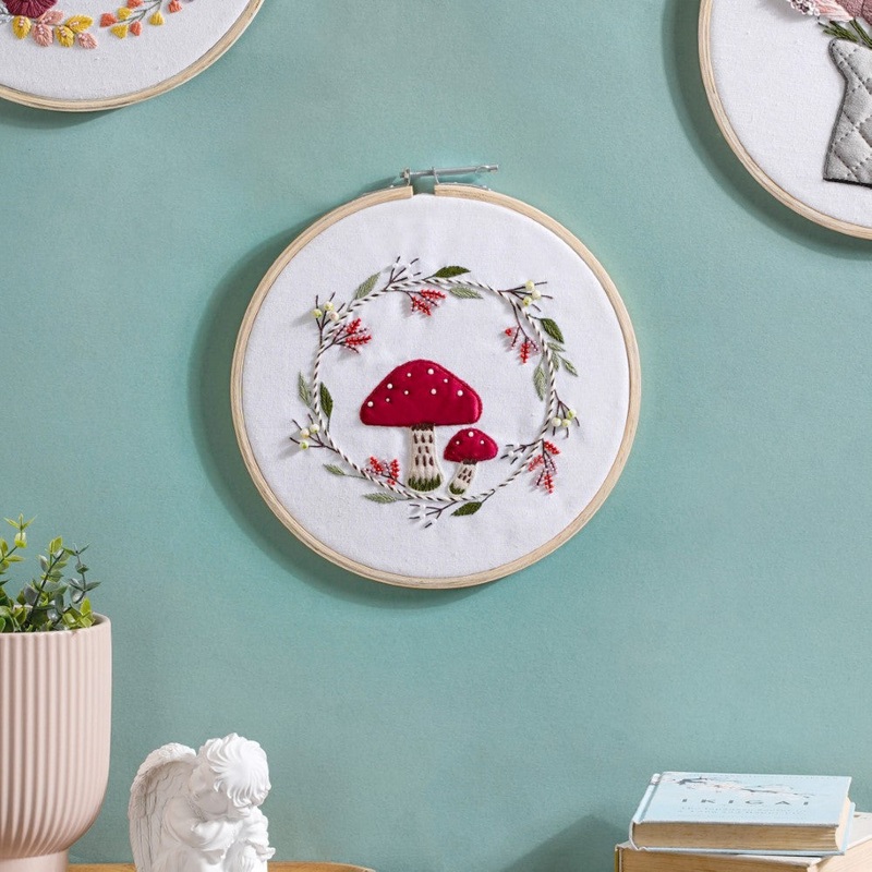 Red Mushrooms Hand Embroidered Hoop Wall Decor 10 Inch