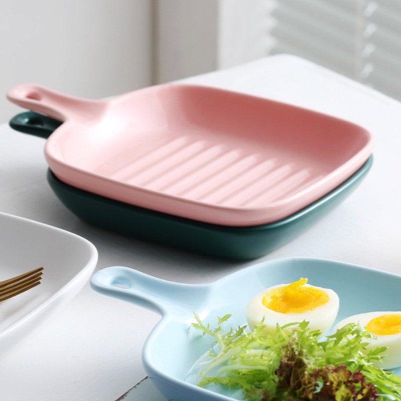 Ribbed Ceramic Baking Plate With Handle Matte Pink 250 ml